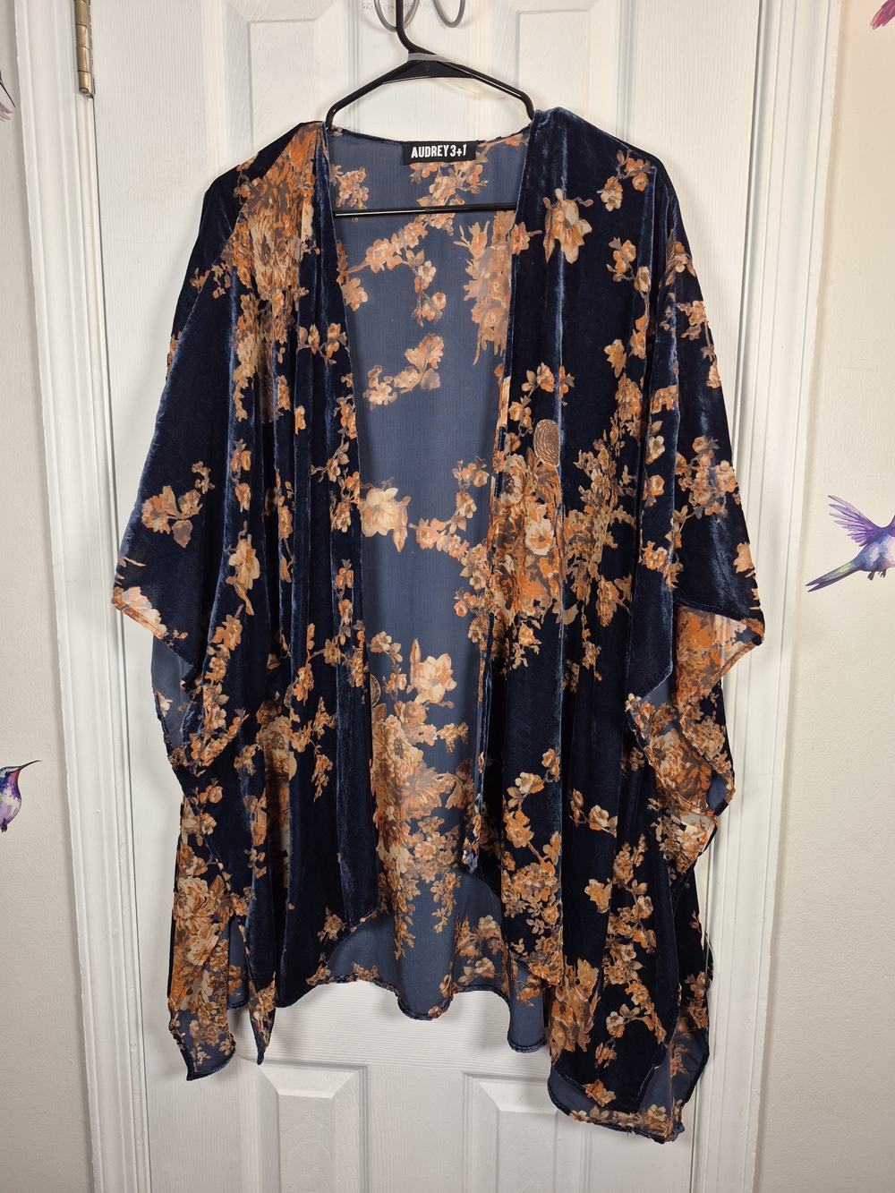 AUDREY 3+1 Velvet Burnout Floral Kimono Duster Navy Blue Medium Boho